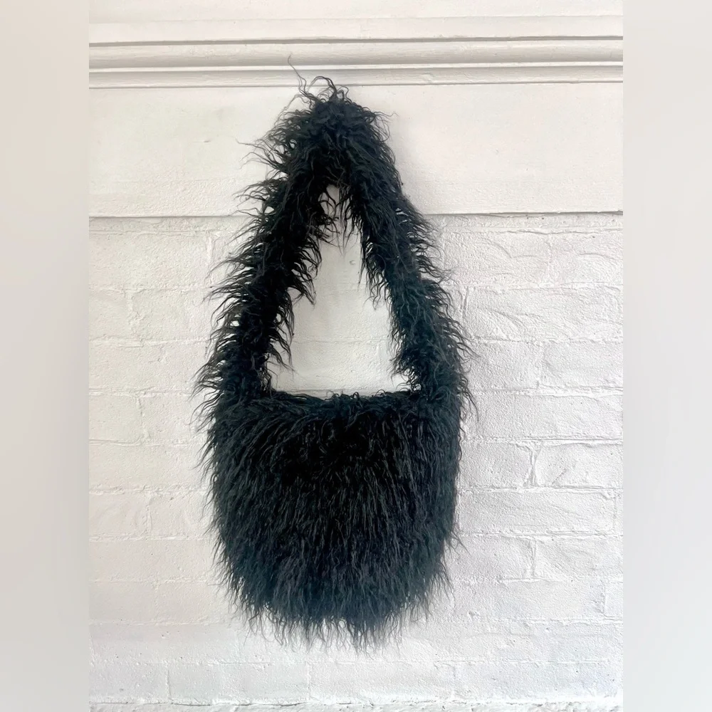 Dolls Kill Widow Faux Fur Bag Black Long Hair Furry Vegan Mongolian Lamb NWOT - Picture 5 of 13